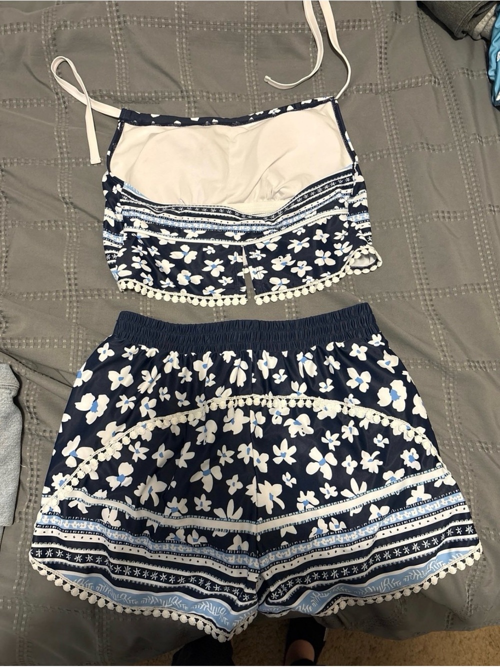 Navy Floral Two-Piece Tank and Shorts Set with Pom Trim — Please Read!! - Picture 4 of 4